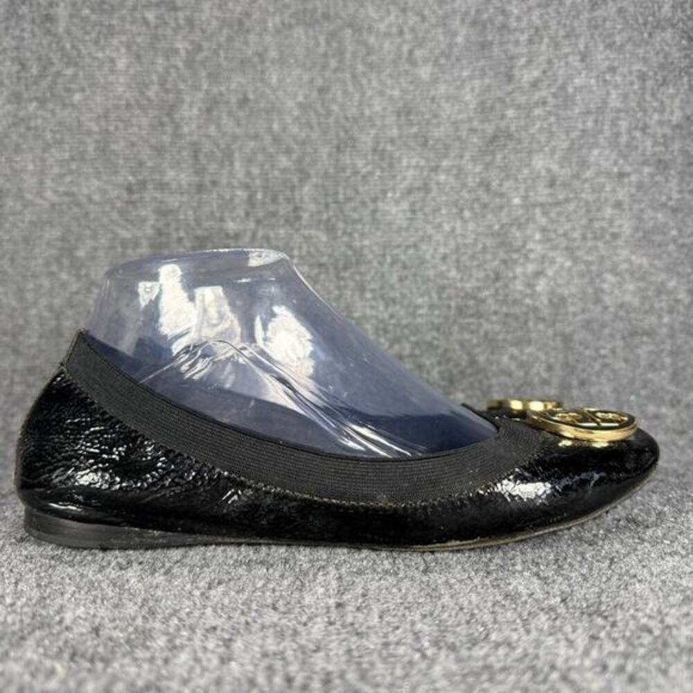 Tory Burch Caroline Ballet Flats Womens 7 Black Patent Leather Gold Medallion